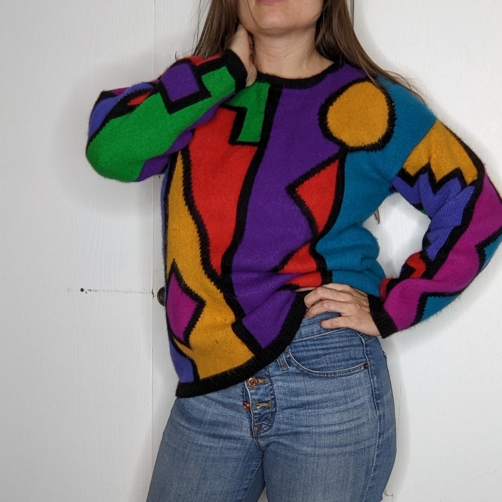 90's Colorblock Angora Geometric Sweater - Picture 8 of 14